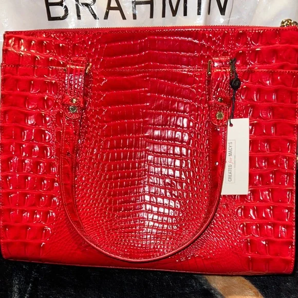 Used Once Brahmin Anywhere Melbourne Embossed Leather Tote Color:Red Carnation - Picture 3 of 9